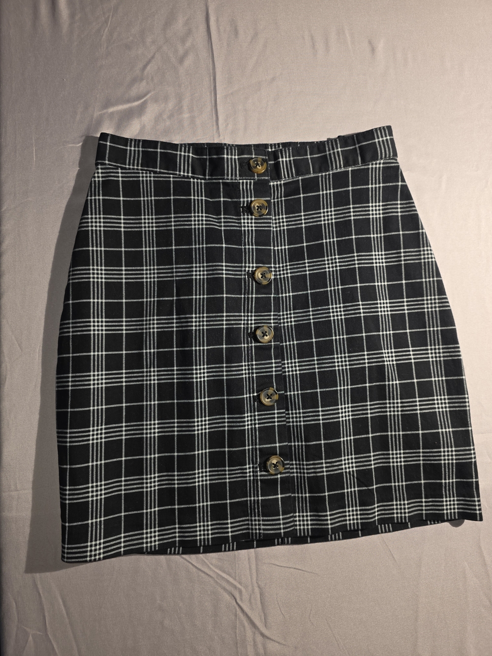 Divided Black and White Plaid Button-Front Midi Skirt